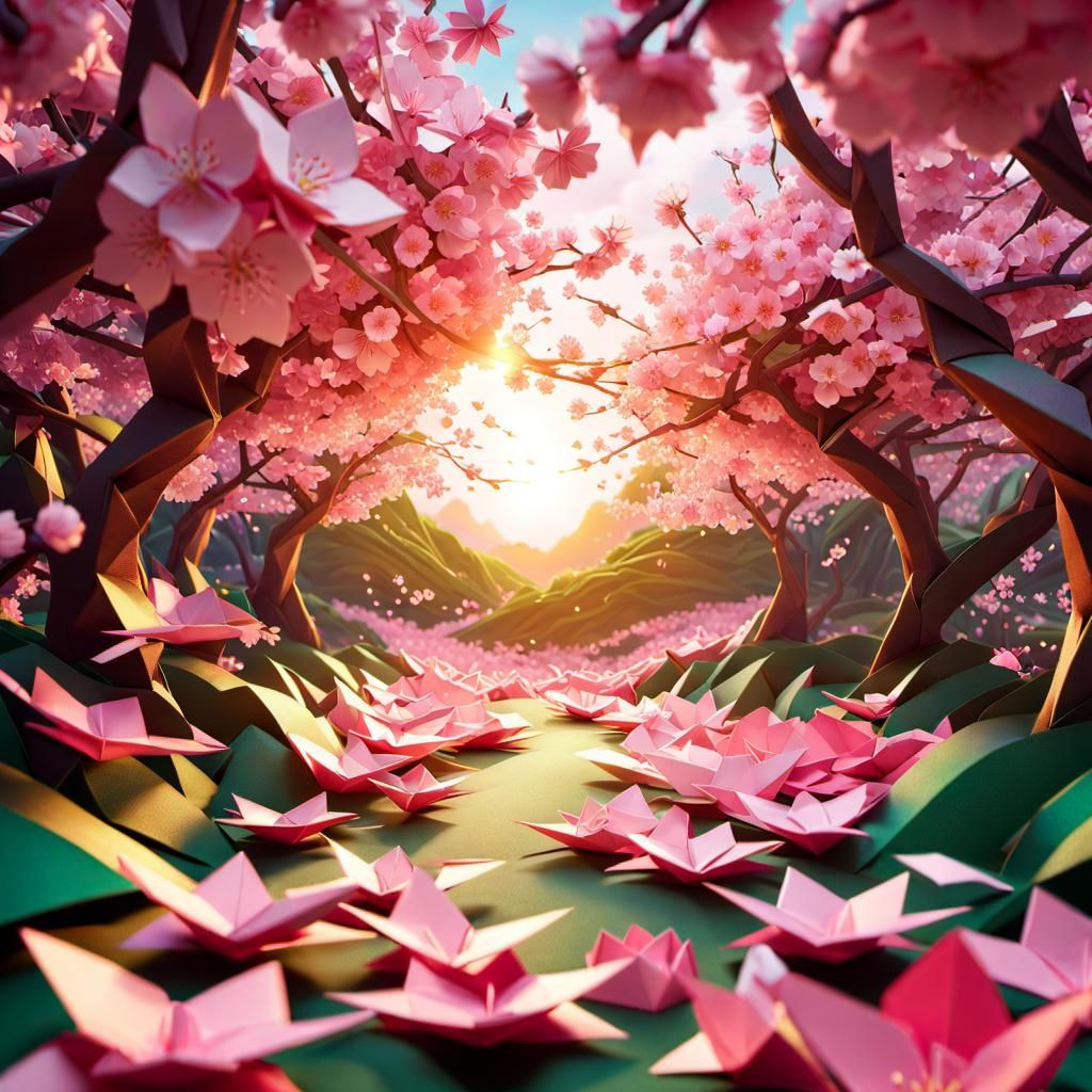 Cherry Blossom Forest in Origami Papercraft Style