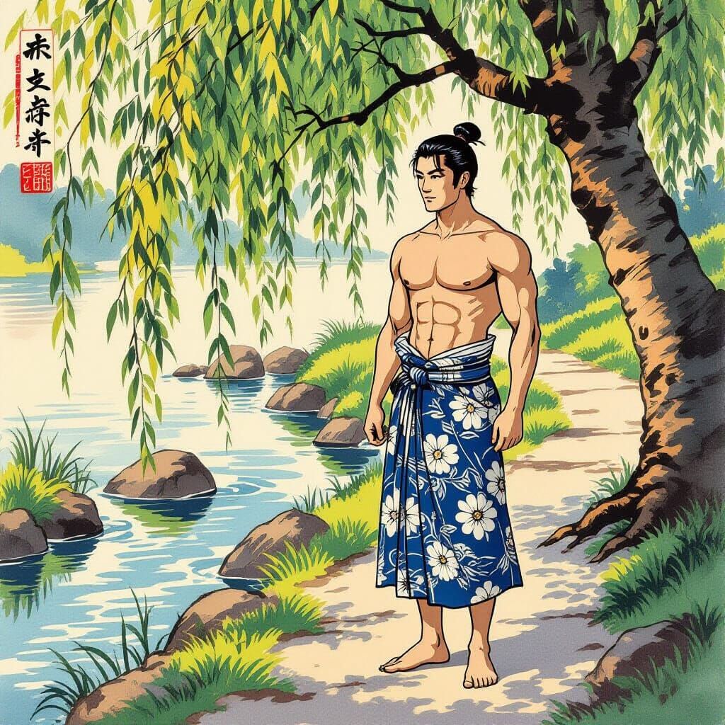Japanese Man by Willow Tree in Ukiyo-e Style