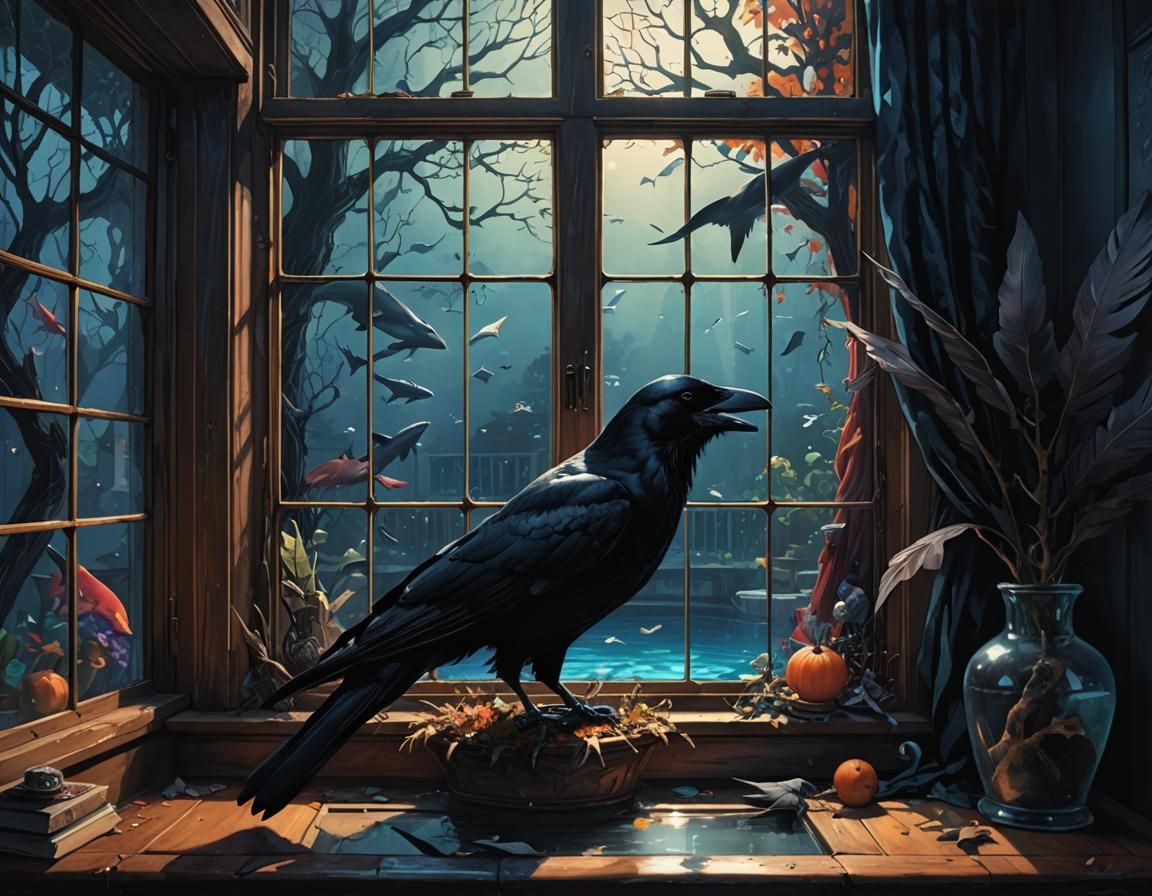 Hyperrealistic Crow with Shark and Witch Concept Art
