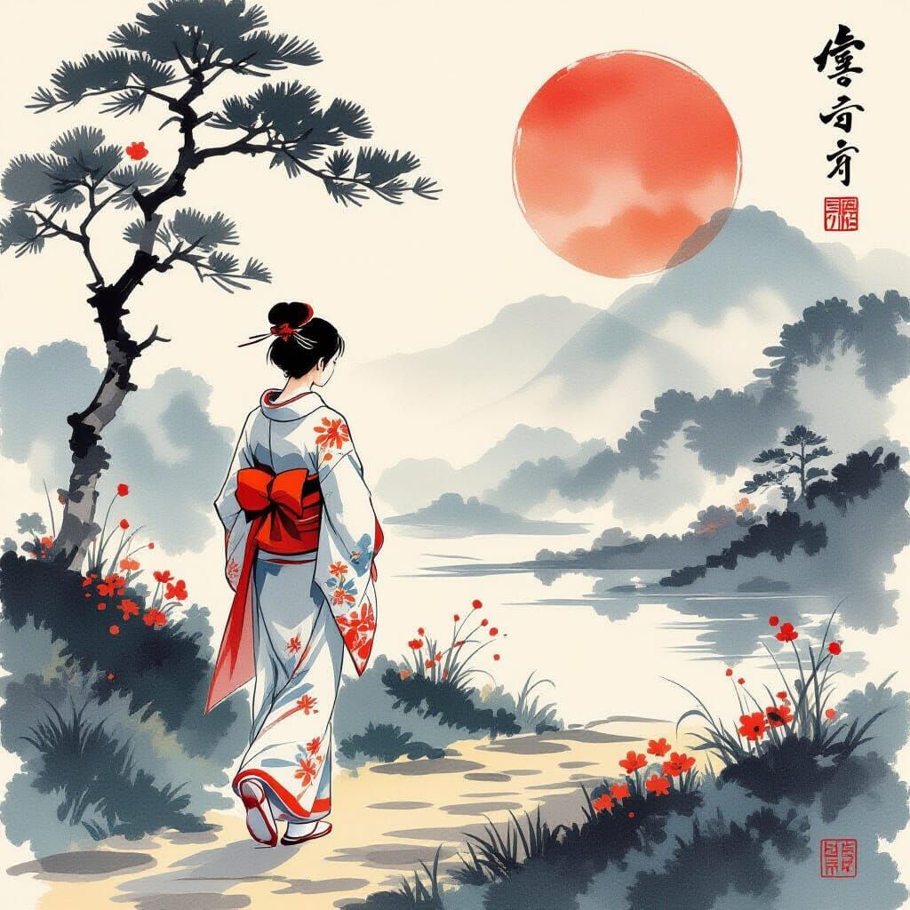 Migrating Figure in Japanese Landscape, Nihonga Style