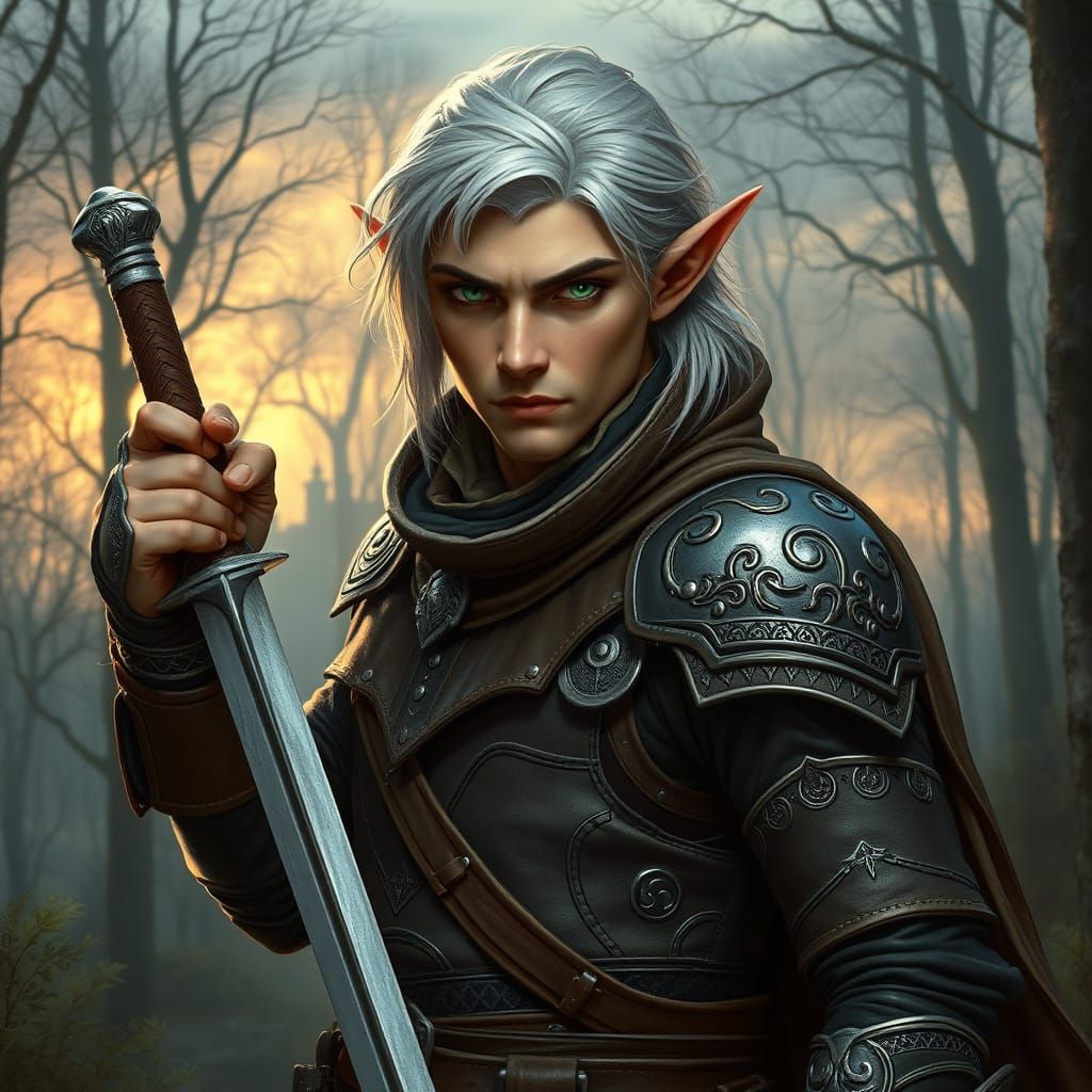 Elegant Elf Warrior in Leather Armor at Dusk
