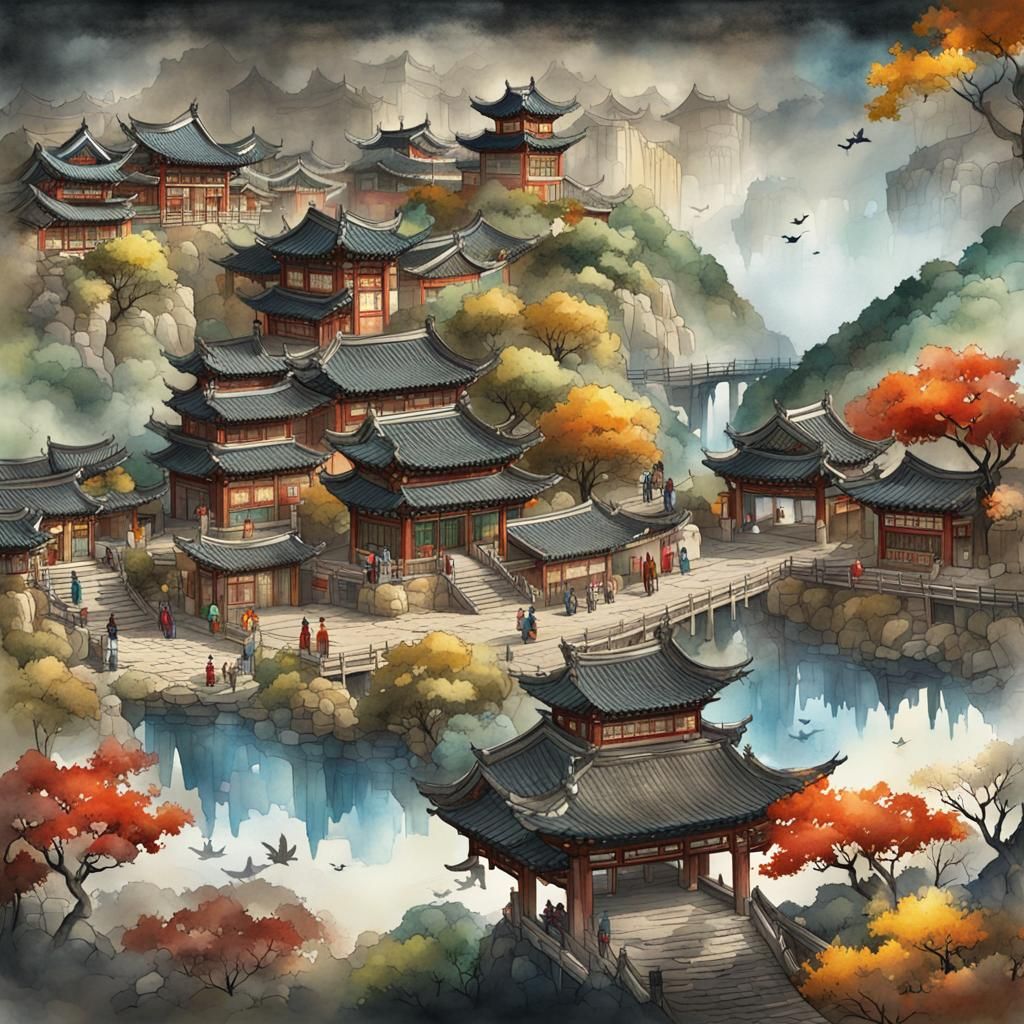 Oriental Ink Art: City Meets Nature