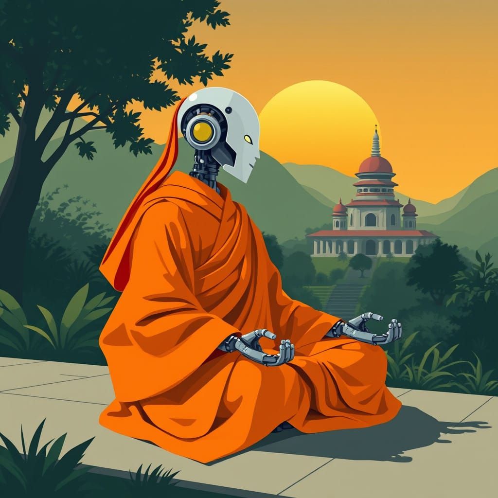 Robot Monk Meditates in Sunrise Glow