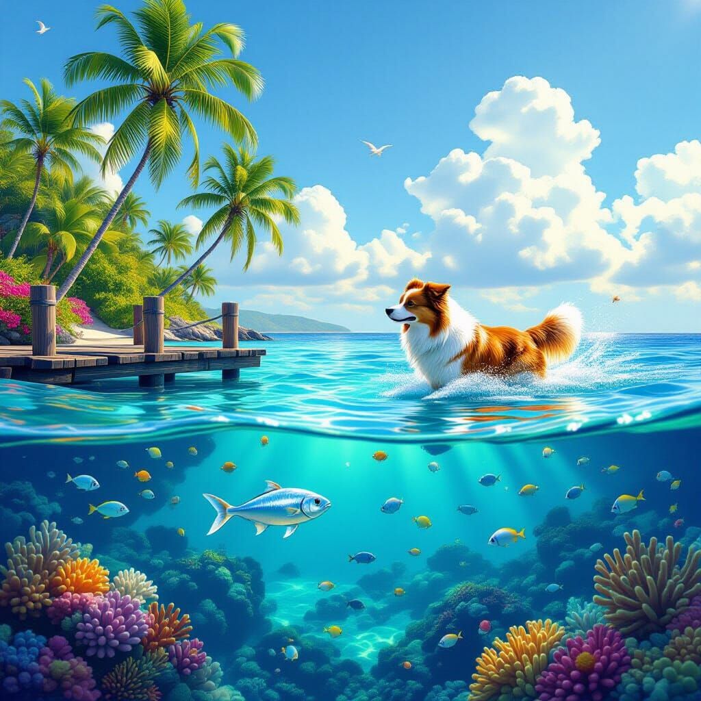 Ocean Life and Dog Interaction Under Sunny Sky