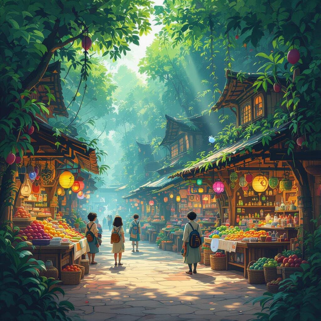 Jungle Village Marketplace with Exotic Goods and Magical Cre...