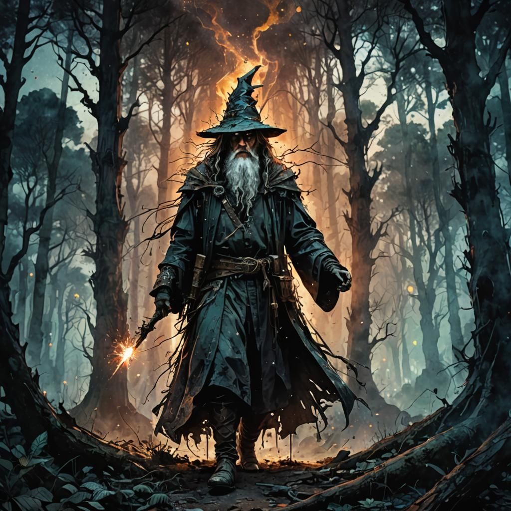 Powerful Wizard Silhouette in Dark Forest Watercolor