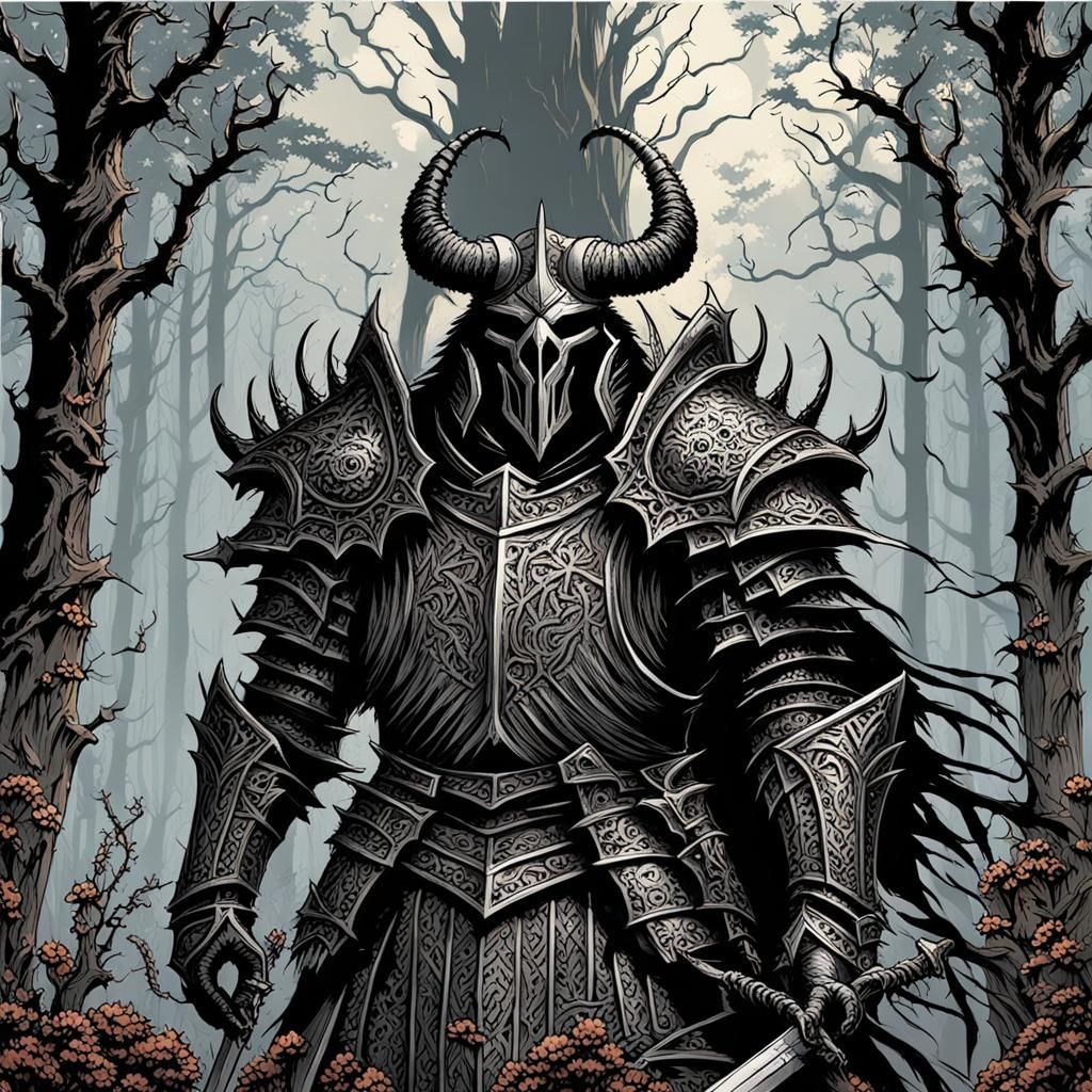 Demonic Black Knight in Dark Fantasy Forest