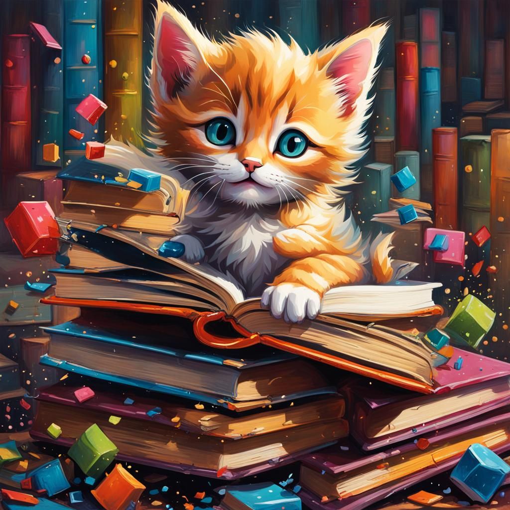 Playful Kitten Among Books in Graffiti Art Style