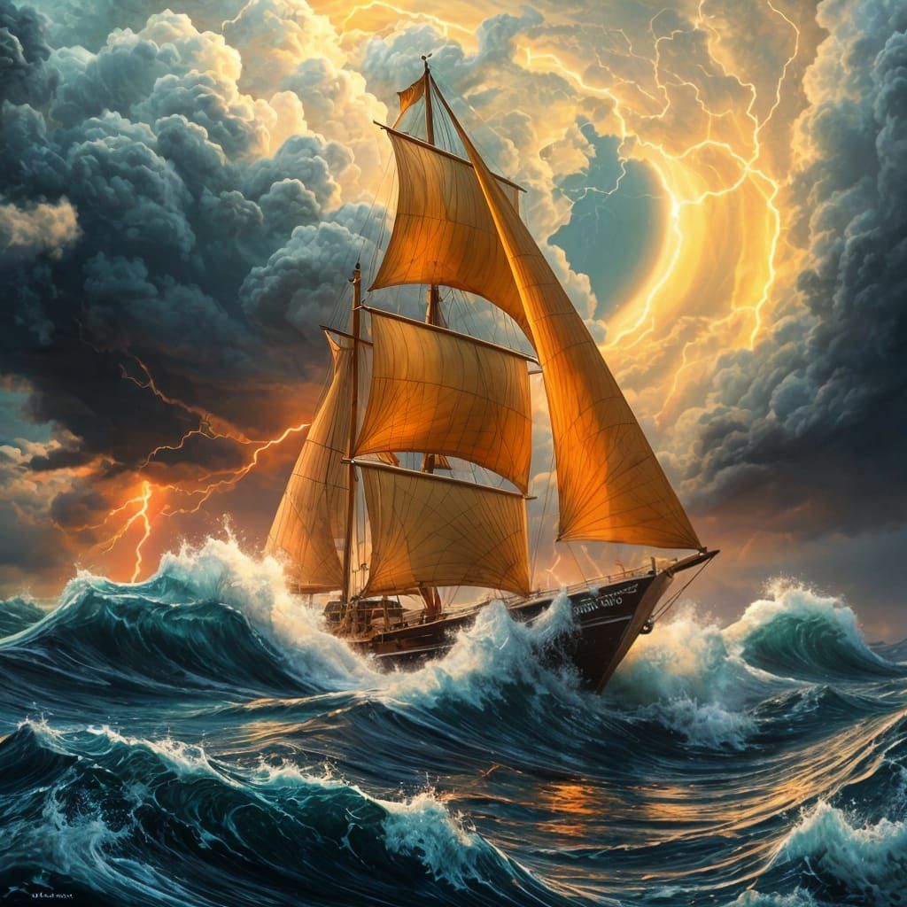 clarity, epic cyclone hurricane, sea boat escaping, hyperdetailed, electric lightning, glowing lightning, holographic, r...