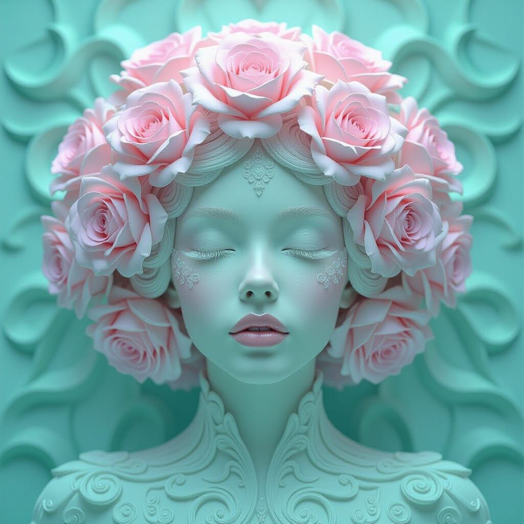 Bioluminescent Being with Chrome Roses in Dreamlike Geometry