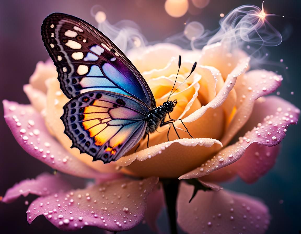 Butterfly with Smoke Wings and Dew-Covered Rose