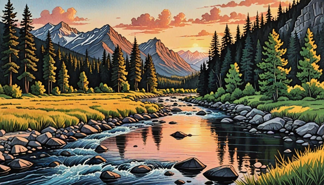 Montana Sunset River Scene in Comic Book Art Style