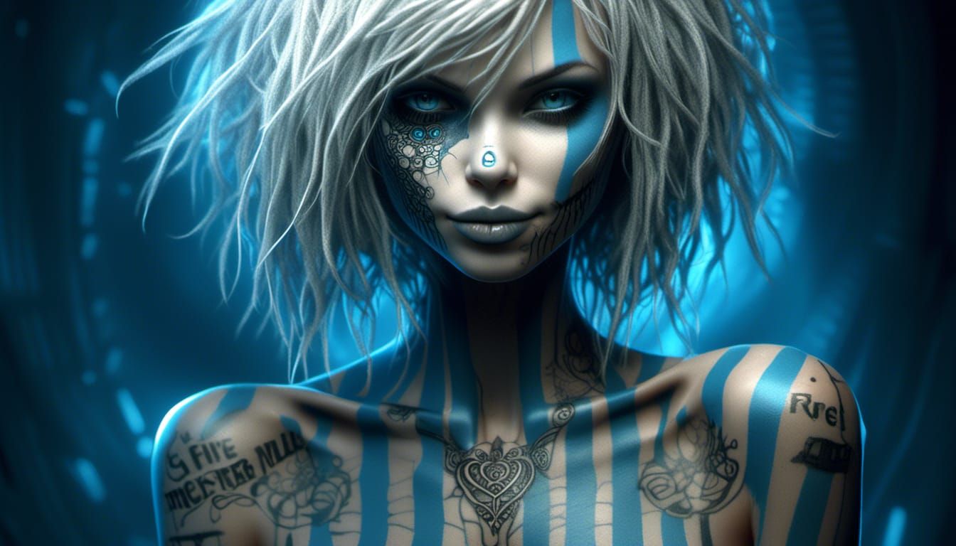 Japanese Cyberpunk Smurfette with Tattoos in Psychedelic Art