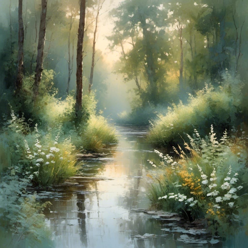 Misty Sunrise Creek: Watercolor Landscape Painting