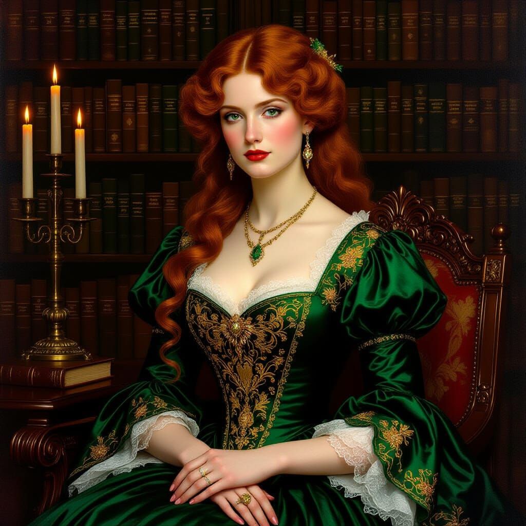 Victorian Lady in Grand Library: A Pre-Raphaelite Vision