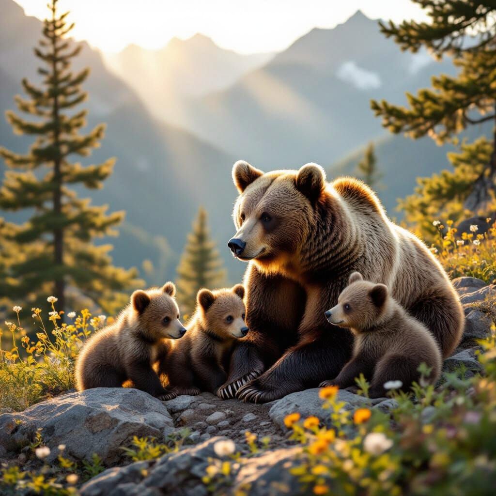 Mother Bear and Cubs in Golden Mountain Light