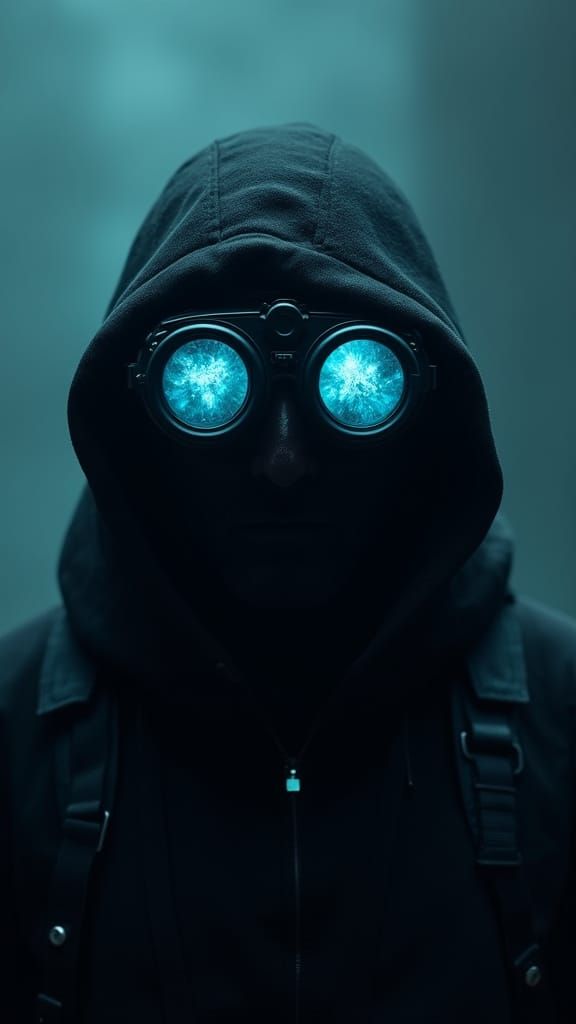 Mysterious Figure in Void with Gleaming Night Vision Goggles