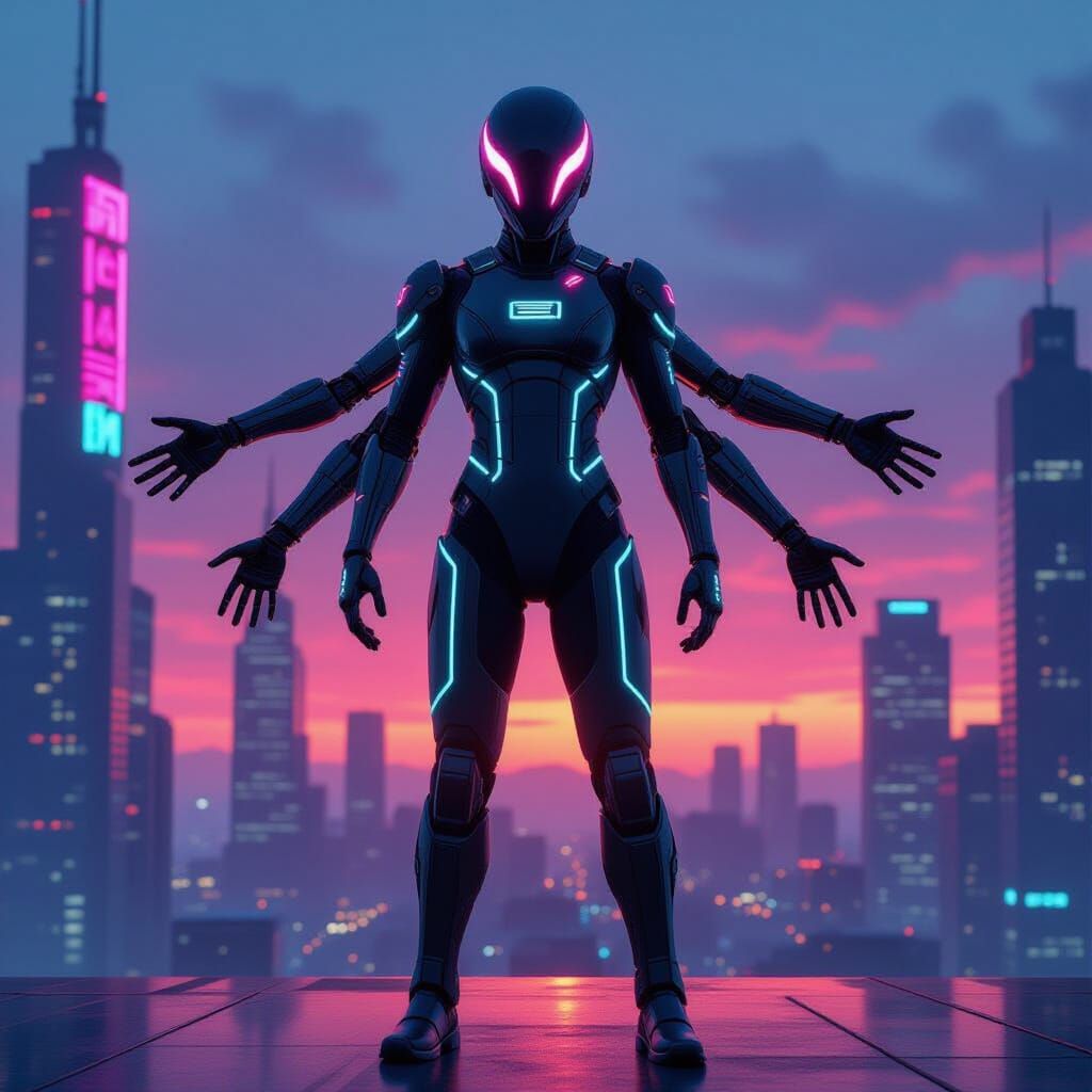 Cybernetic Alien Doctor in Synthwave Cityscape