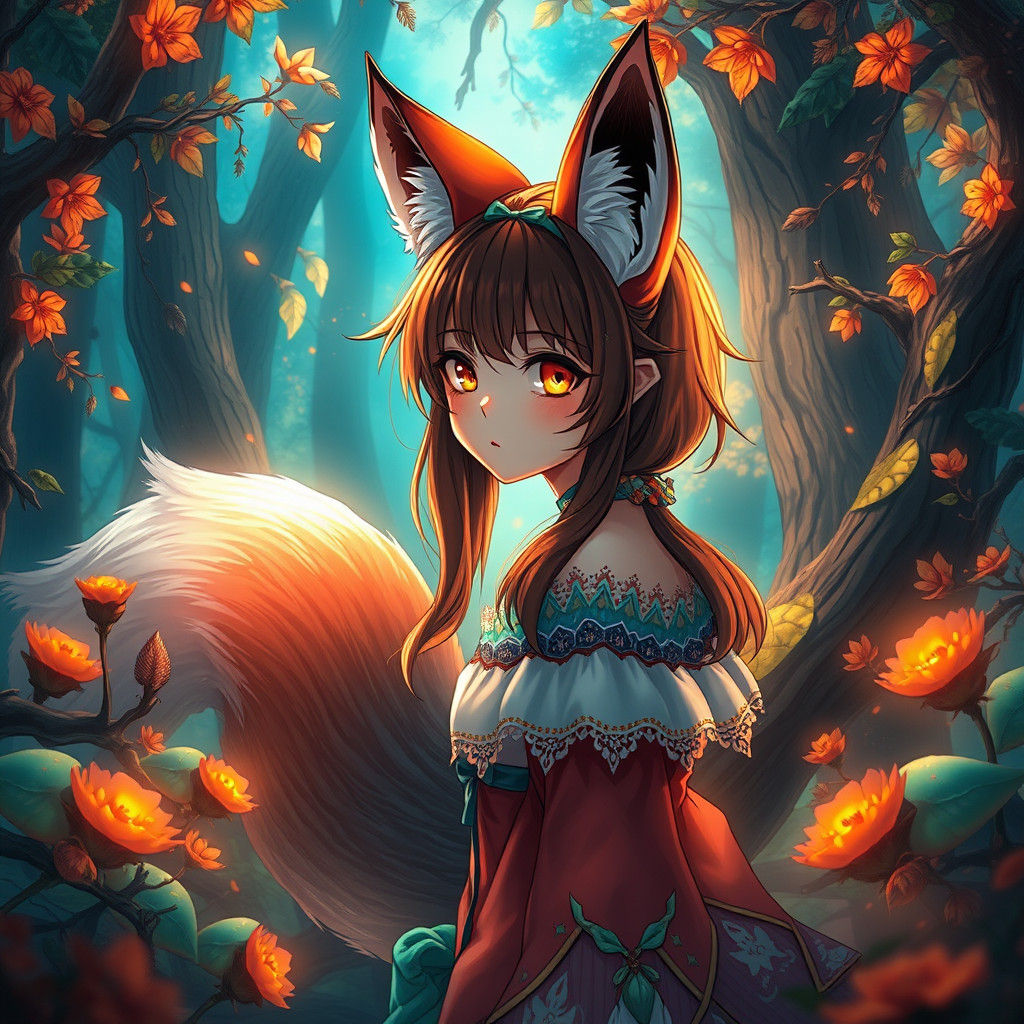 Anime Girl with Fox Features in Mystical Forest