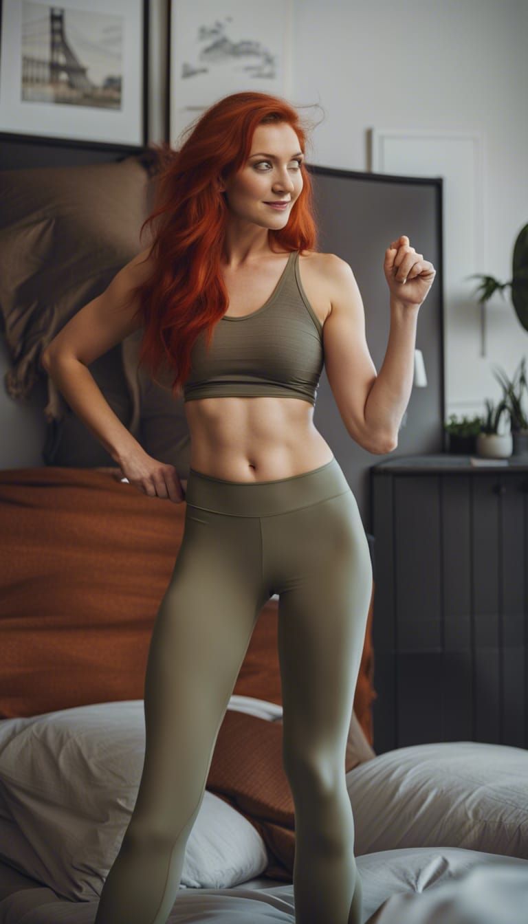 Redhead Woman in Leggings in Bedroom