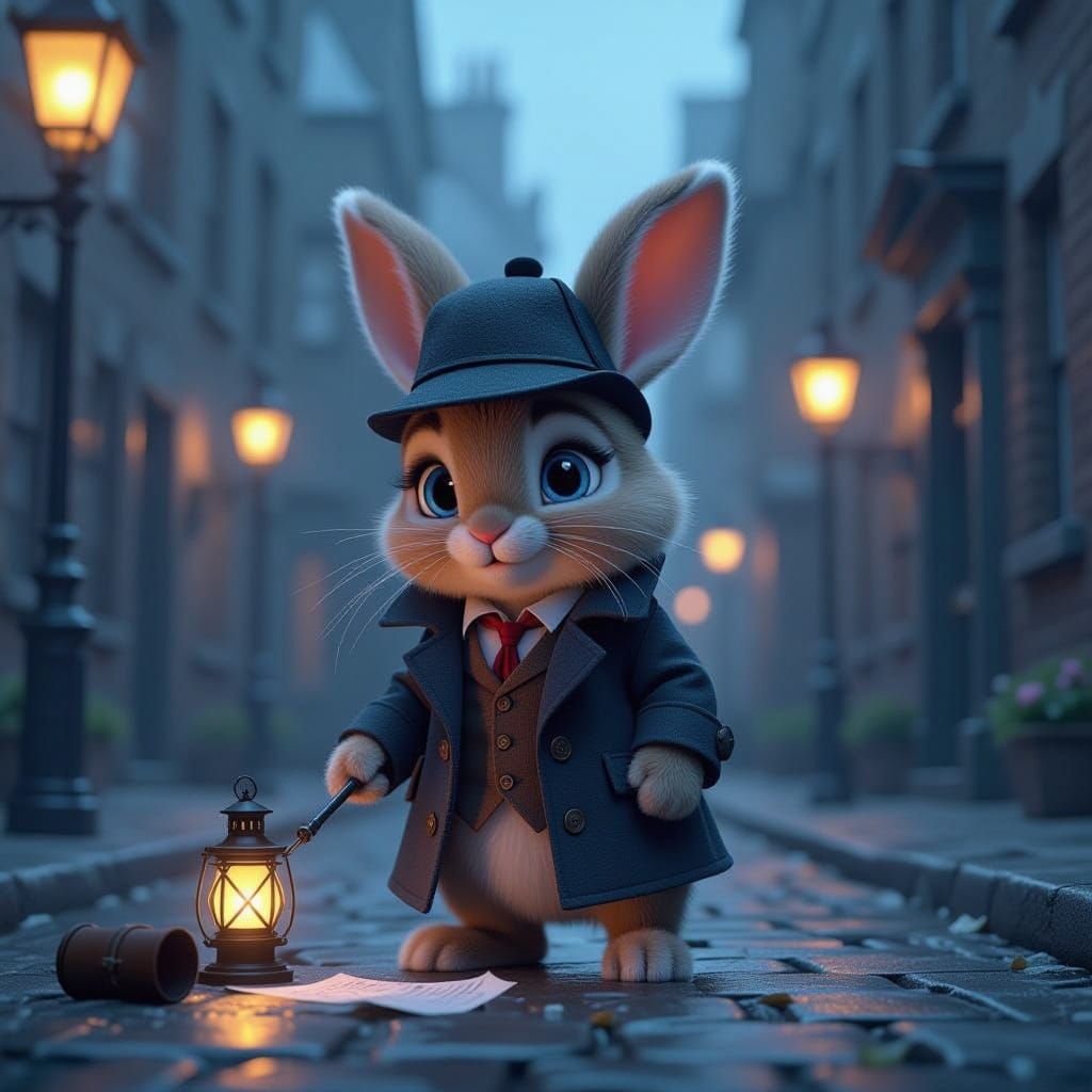Pixar-Style Sherlock Bunny Cub Investigates Old London