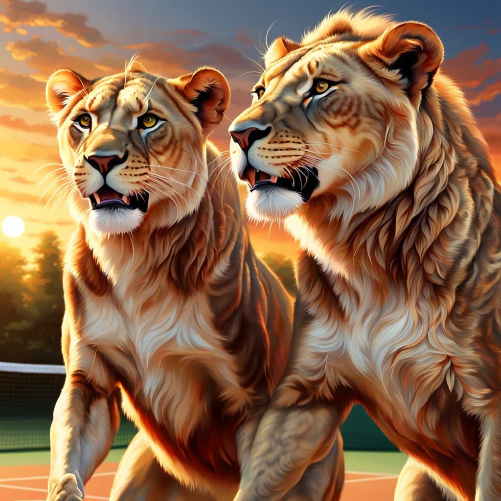 Lionesses Play Tennis in Vibrant Wildlife Art