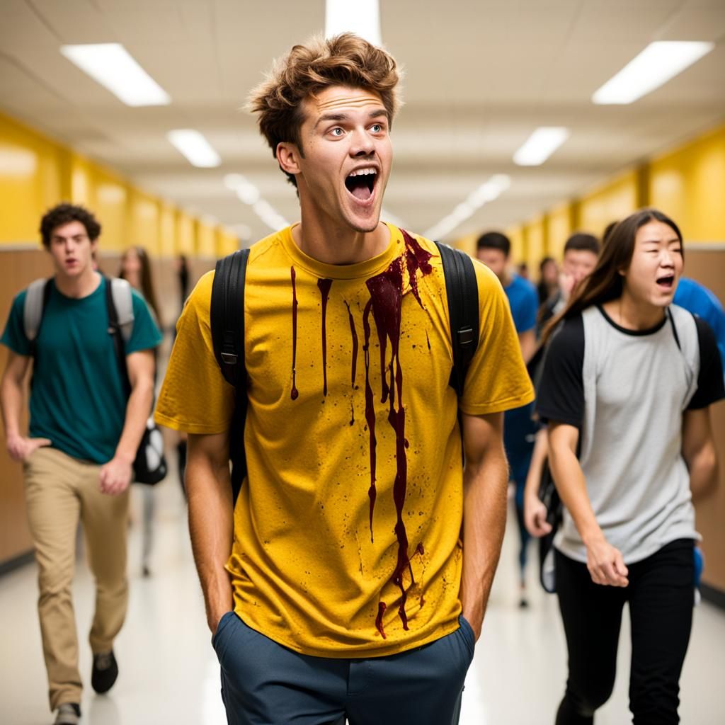 Embarrassed Student with Mustard Stain in Hallway
