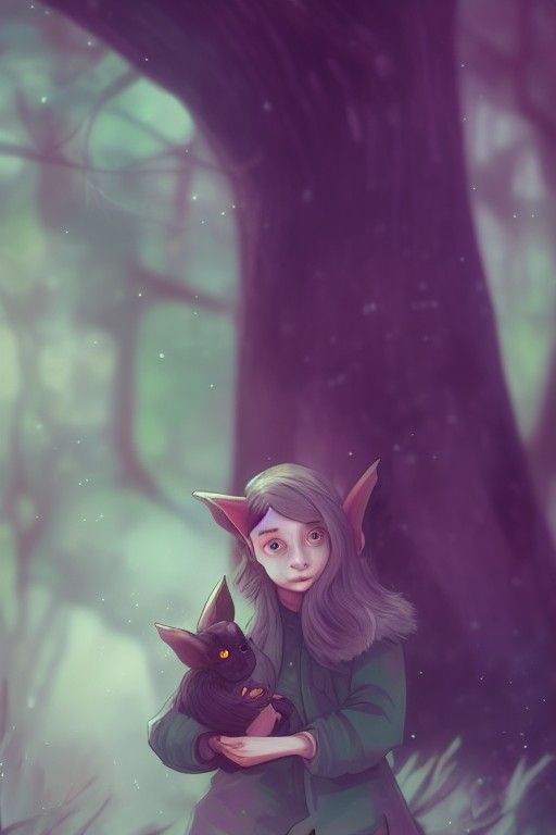 Girl with Bat in Forest, Loish Style