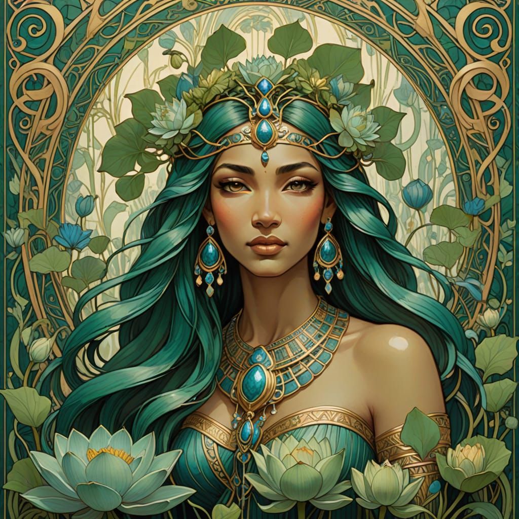 Ethereal Egyptian Goddess Emerges from Lotus Blooms