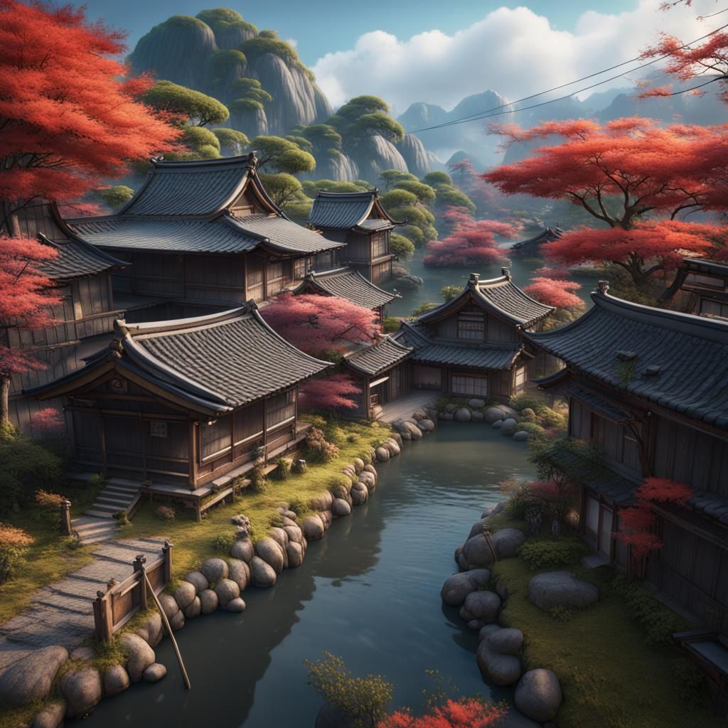 Japanese Rural Village Landscape: Fantasy Concept Art