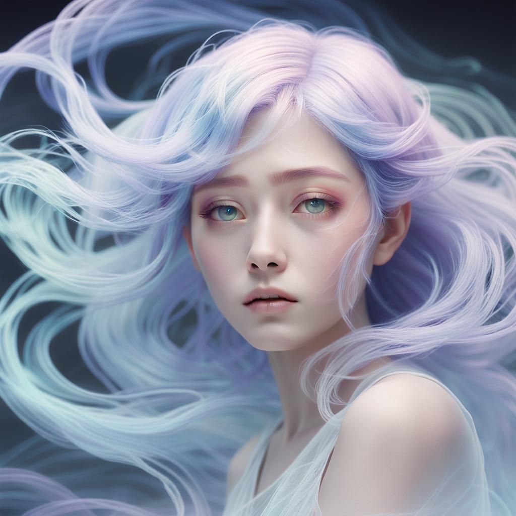 Ethereal Woman with Iridescent Hair in Mystical Realm