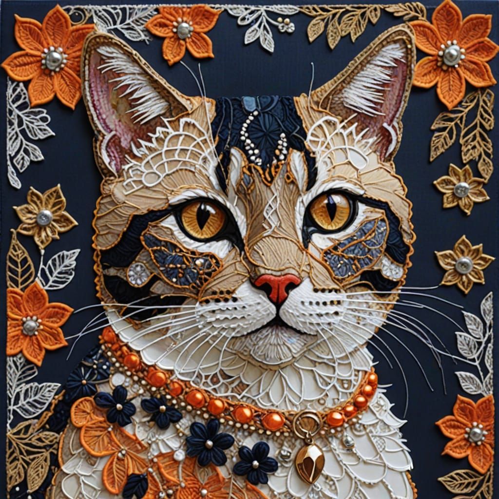 Elegant Tabby Cat in Mixed Media Masterpiece