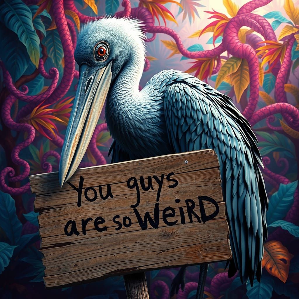 Majestic Shoebill Stork Holds Sign in Hyperrealistic Dreamsc...