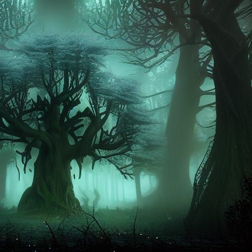 Gothic Tree in Foggy Forest: Matte Painting
