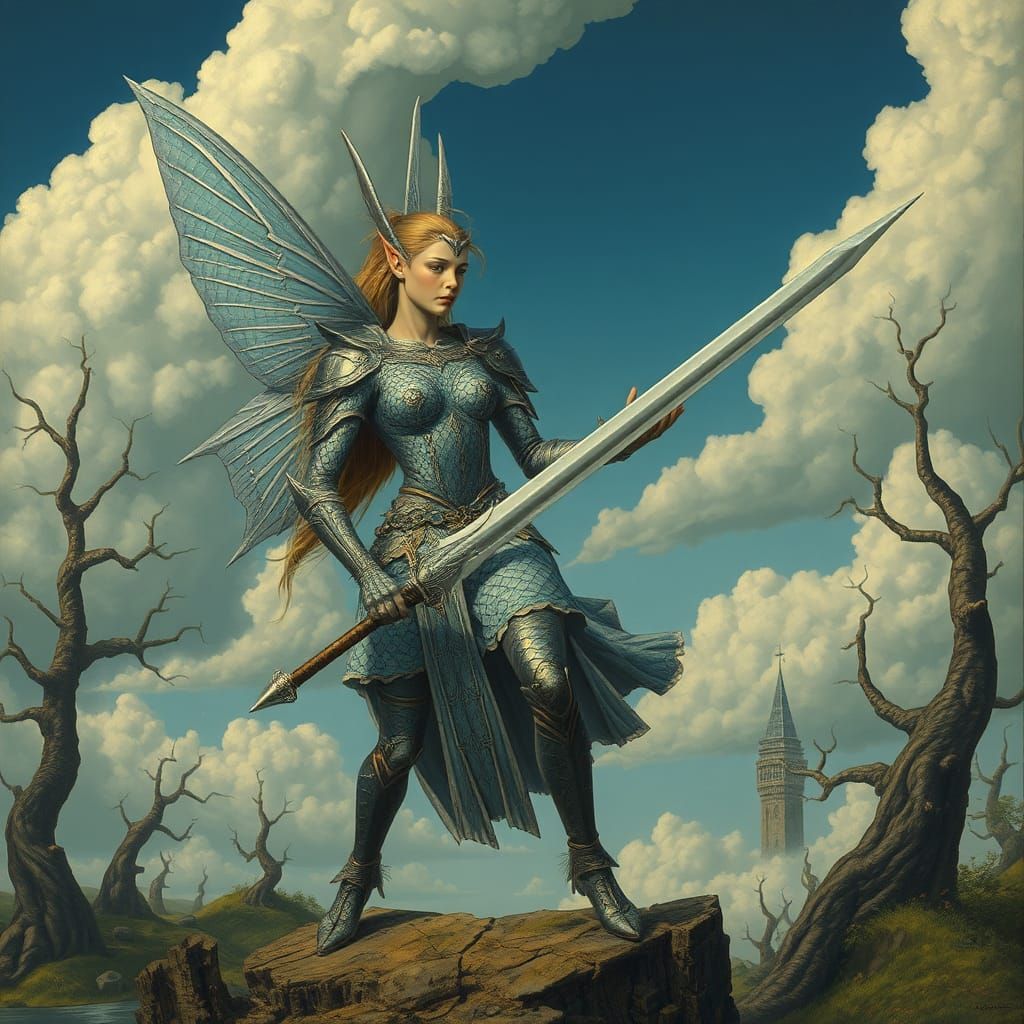 Ethereal Elf Warrior in Surrealist Dreamscape
