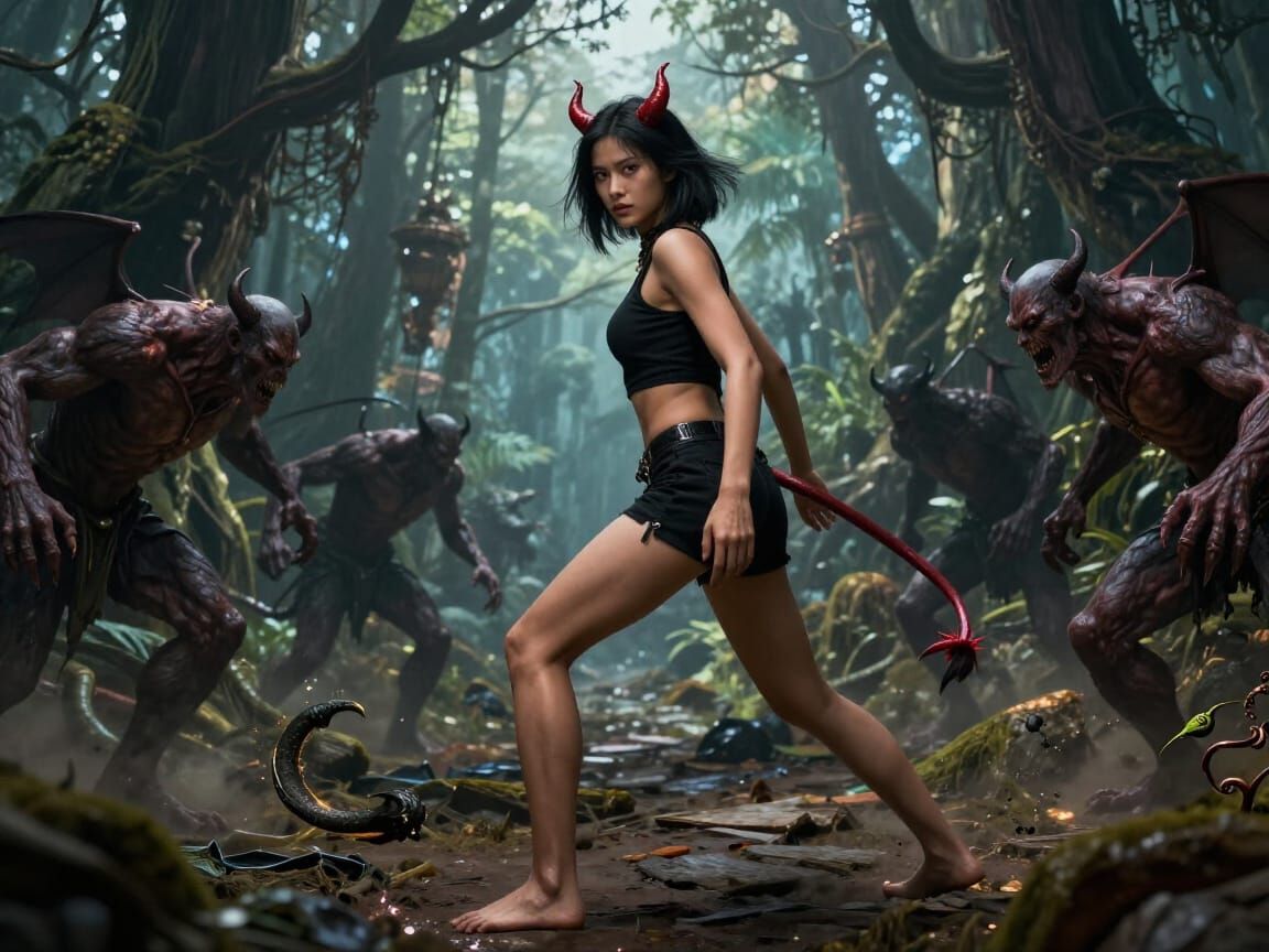 Determined Devil Woman Fights Monsters in Detailed Fantasy A...
