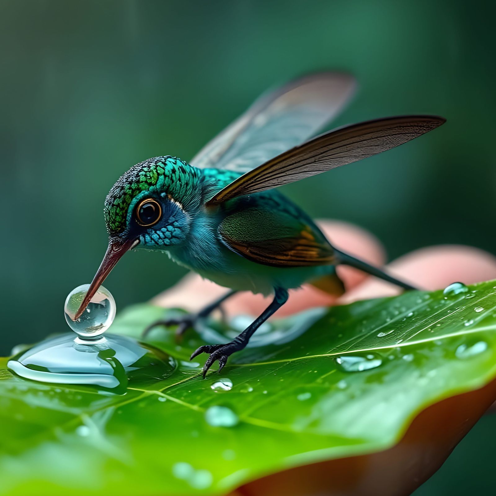 Hyperrealistic Hummingbird Marvels in Rainy Forest Morning