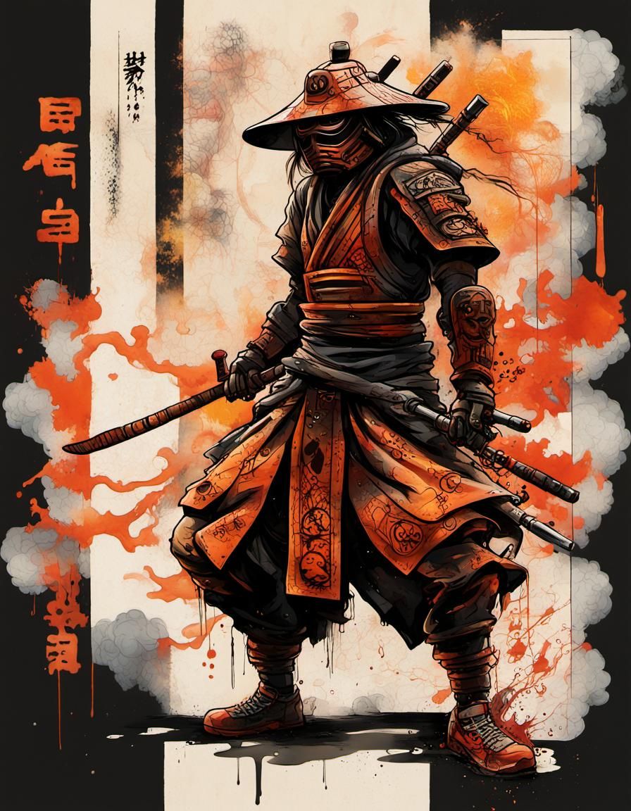 Cybernetic Samurai Warrior in Urban Graffiti Style