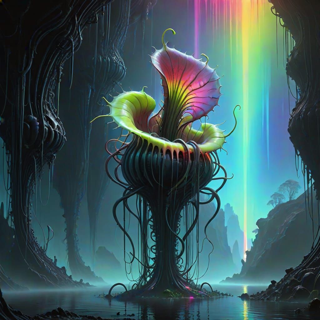 Surreal Alien Plant Blooms on Obsidian Island in Cyberpunk S...