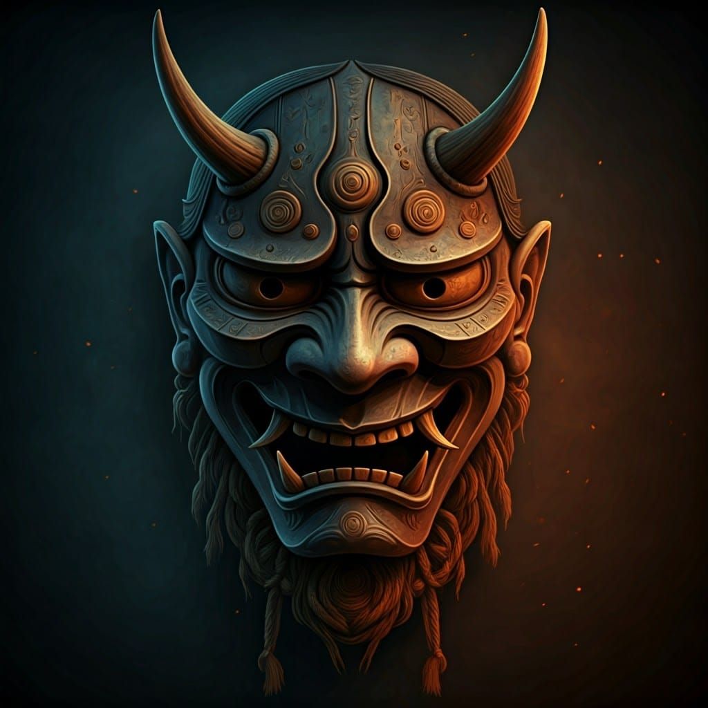 Ethereal Oni Mask in Dramatic, High-Contrast Lighting