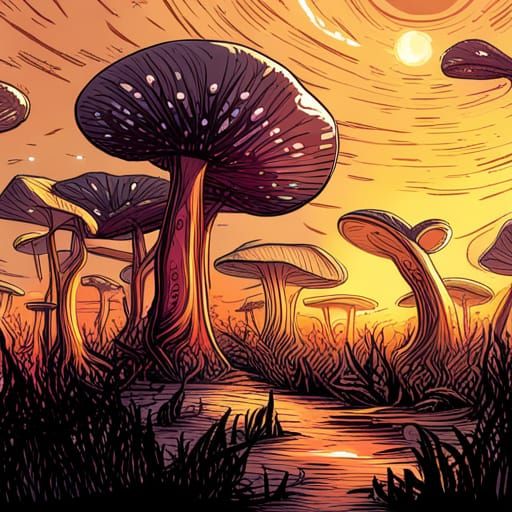 Fairycore Toadstool Forest Under Starry Night Sky