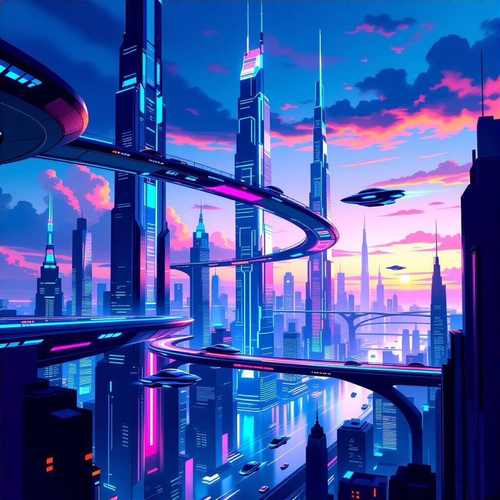 Futuristic Cyberpunk Cityscape at Dusk