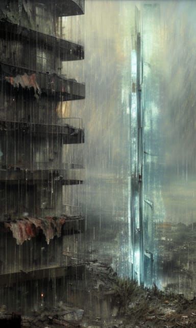 Post-Apocalyptic Waterfall Skyscraper in Hyperrealism Style
