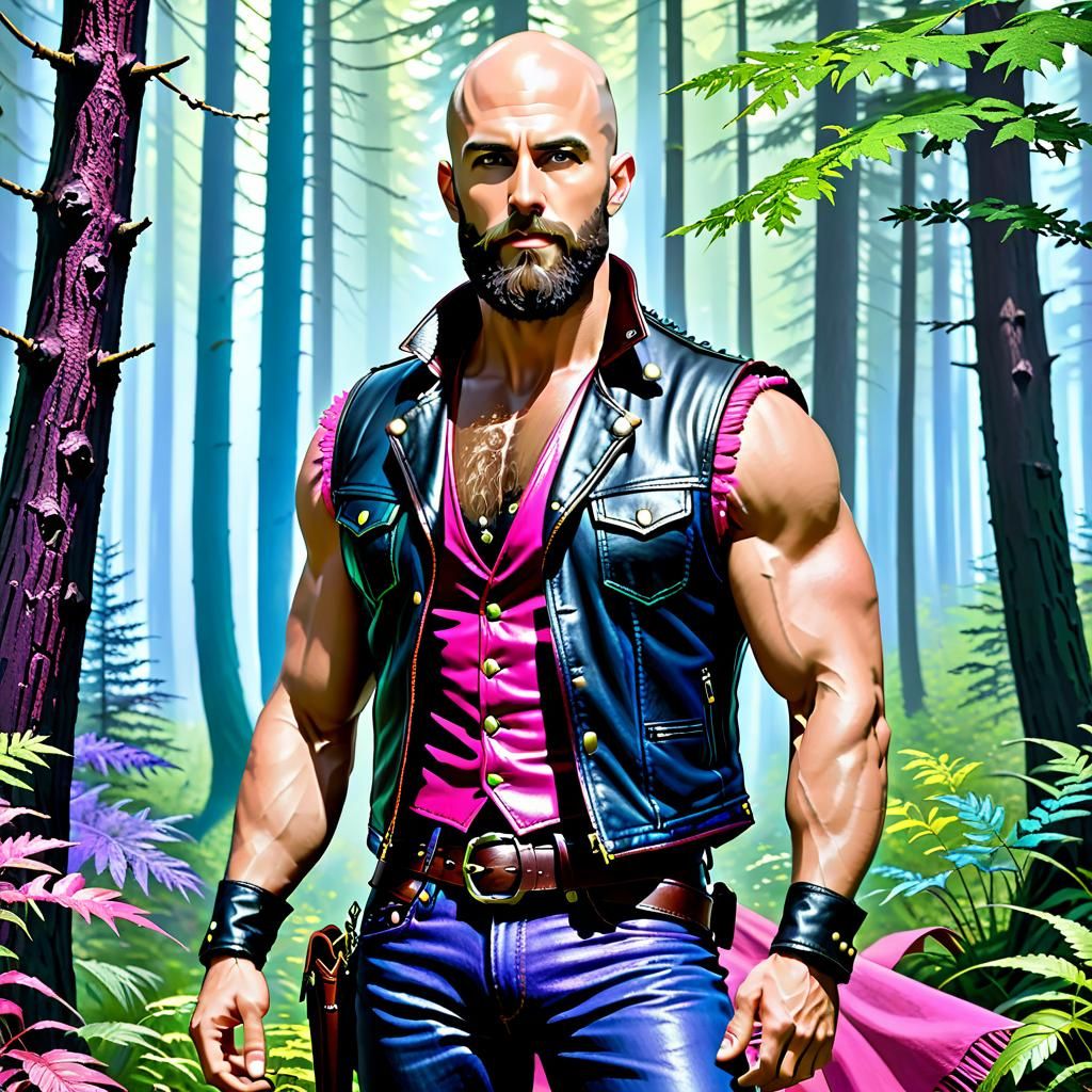 Handsome bald man in the forest