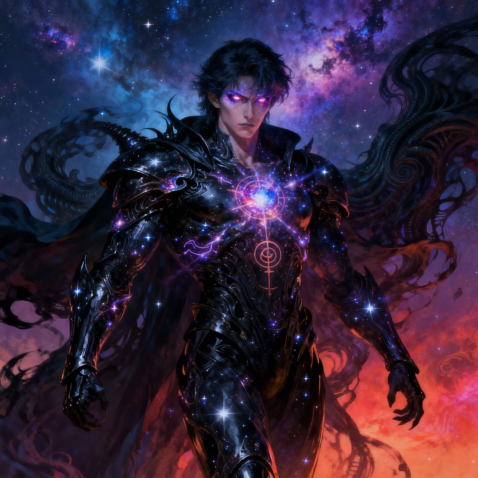 Androgynous Warrior in Cosmic Twilight, Digital Matte Painti...