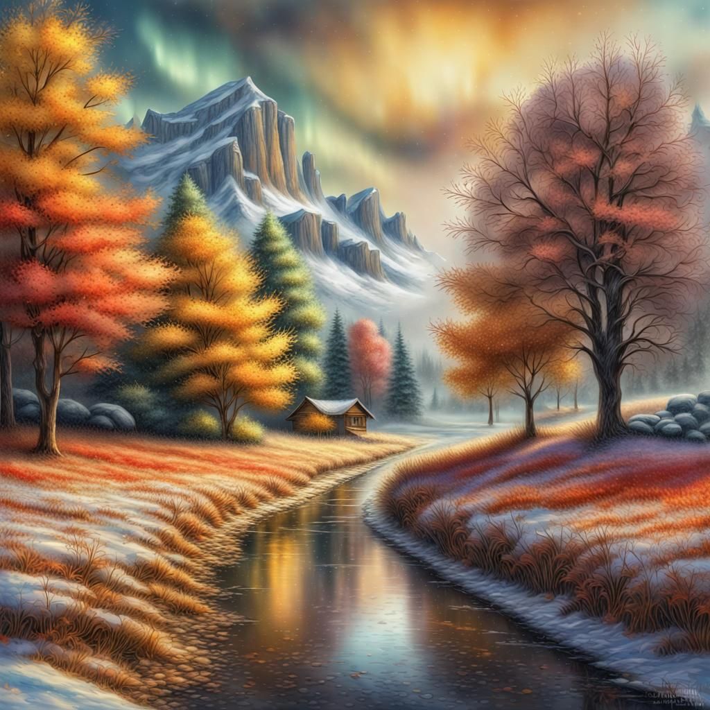 Autumn Meets Winter: Hyperrealistic Impressionist Landscape