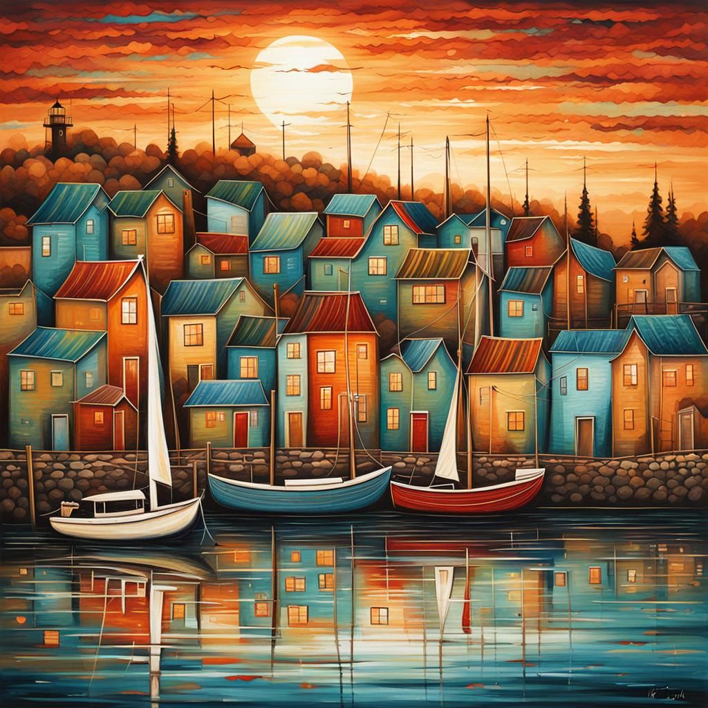 Seaside Fishing Village in Impressionist Style