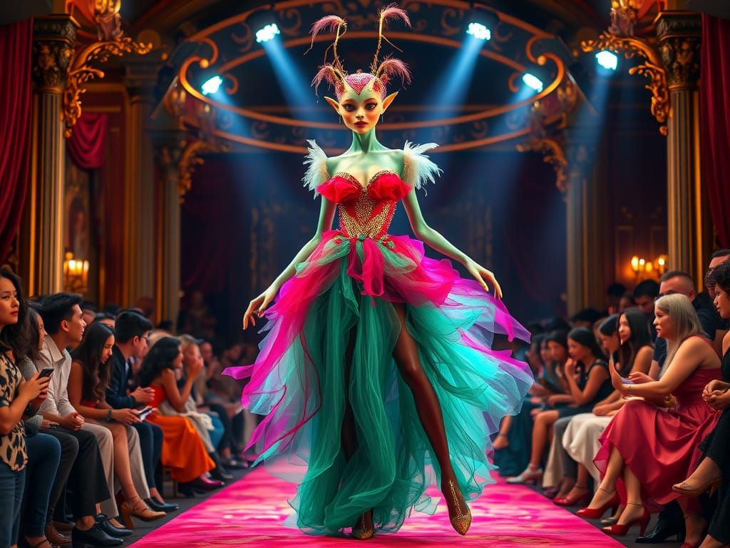 Elegant Fantasy Creature Struts Down the Catwalk in a Whimsi...