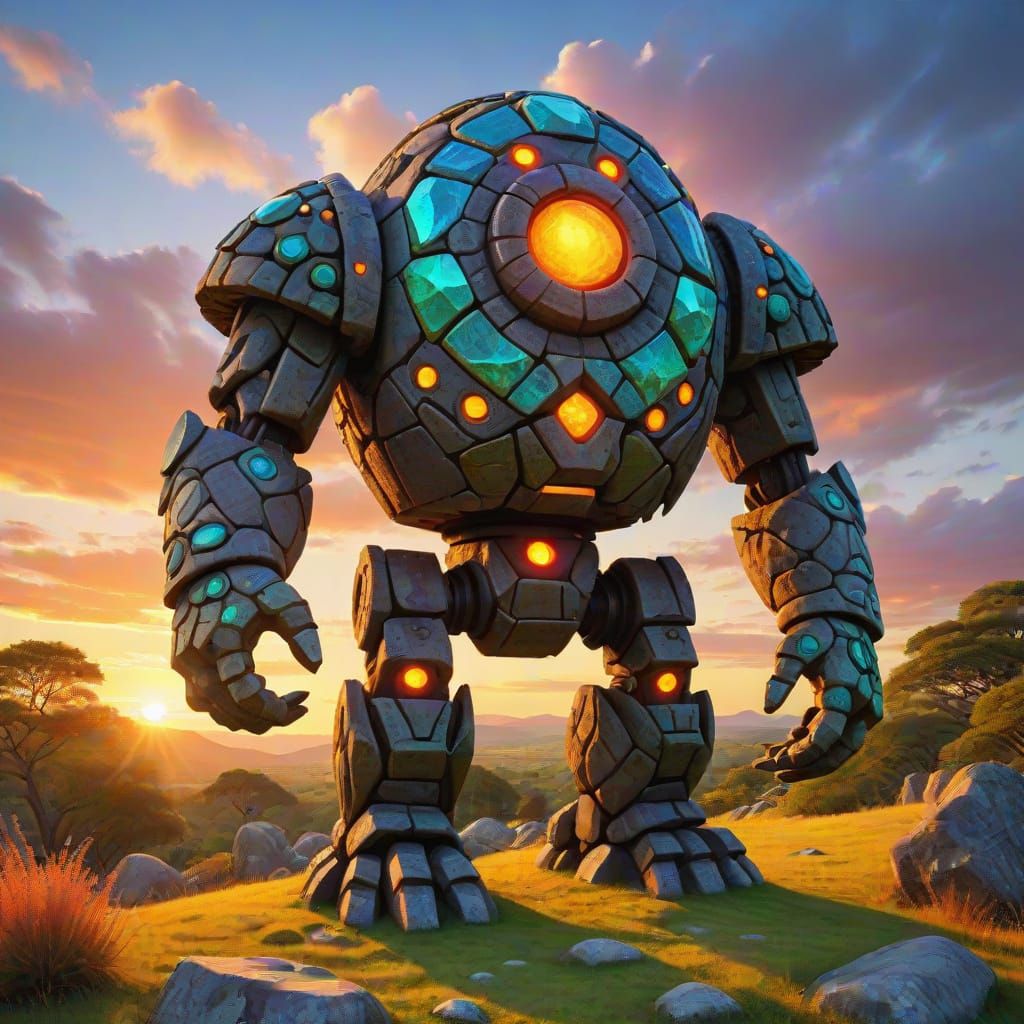 Glowing Stone Golem at Sunset in Primitivism Style