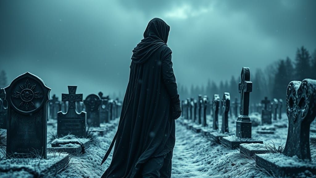 Grieving Widow with Shadow Figure in Graveyard